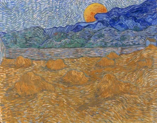 Landschaft mit Getreidegarben und aufgehendem Mond