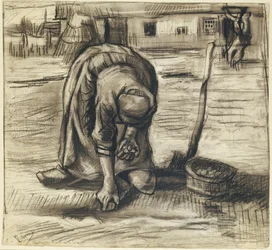 Bäuerin pflanzt Kartoffeln, ca. 1885