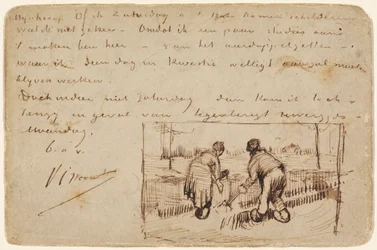 Postkarte mit zwei Bauern beim Graben, 1885
