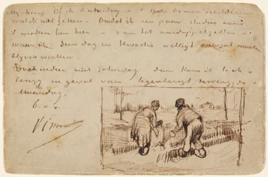 Postkarte mit zwei Bauern beim Graben, 1885