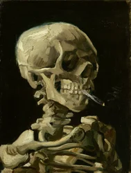 Schädel eines Skeletts mit brennender Zigarette, um 1886