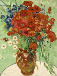 Stillleben, Vase mit Gänseblümchen und Mohnblumen, 1890