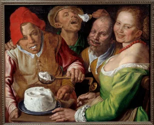 Ricotta-Esser. Figuren mit ausdrucksstarken und grotesken Gesichtern essen Käse mit einer Schöpfkelle. Vincenzo Campi (1536-1591)