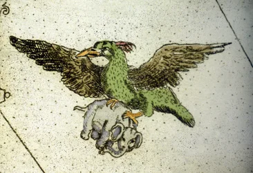 Der riesige Vogel Rok trägt einen Elefanten zwischen seinen Krallen, um ihn seinen Jungen zu geben, Detail einer Weltkarte von Vincenzo Coronelli (1650-1718). 17. Jahrhundert