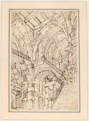 Ein Gefängnisinneres mit einer monumentalen Treppe