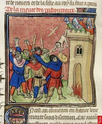 Detail einer Miniatur des Dritten Kreuzzugs der Pastoureaux. Juden werfen ihre Kinder von einem Turm, nach 1380
