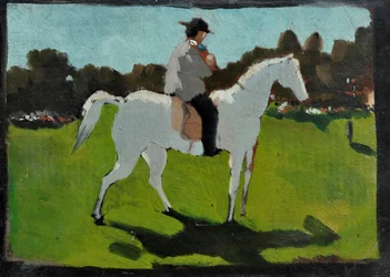 Weißes Pferd mit Jockey