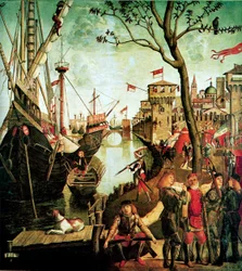 Ankunft der Heiligen Ursula in Köln während der Belagerung durch die Hunnen Die Legende der Heiligen Ursula, 1490