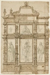 Studie für ein Altarbild mit sechs Bildern in einer verzierten Rahmenstruktur. Oben: Die Stigmatisation des Hl. Franziskus, Madonna mit Kind, Hl. Hieronymus in der Wildnis; unten: Hl. Laurentius, Sebastian und Rochus