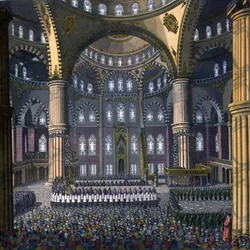 Die Feier des Mewlod-Festes in der Moschee des Sultans Ahmed, Tafel 41 aus Teil III, Band I von „Die Geschichte der Nationen“, vom Künstler gestochen