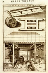 Pferdegetriebener hydraulischer Flaschenzugmechanismus zum Bewegen von Gütern zwischen Land und Wasser, 1607