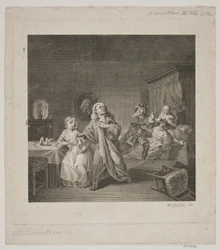 Barselsstuen III. Akt 6. Szene. Gravur nach Lorenzens Holberg Galerie.