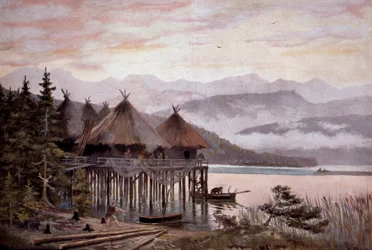 Prähistorie: Dorf auf Pfählen am Ufer des Zürichsees in der Steinzeit. Pfahlbaudorf, prähistorische Seesiedlung. Nach einem Gemälde von W. Kranz, 20. Jahrhundert