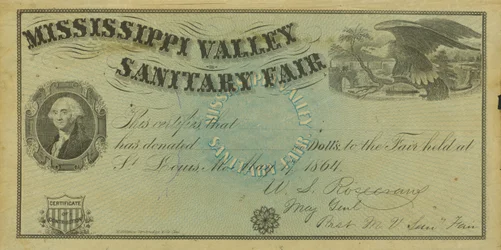 Leeres illustriertes Spendenzertifikat für Spenden auf der Mississippi Valley Sanitary Fair, 7. Mai 1864
