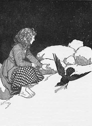 Plötzlich hüpfte ein großer Rabe vor ihr auf den Schnee, ca. 1930