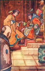 Als der junge Mann zu seinen Füßen gefallen war, hielt der Sultan ihn bei der Hand