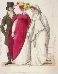 Zwei Frauen in Spazierkleidern begleitet von einem Mann, ca. 1810