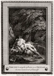 Narziss sieht sein Spiegelbild in einem Brunnen und verliebt sich in sich selbst, 1775