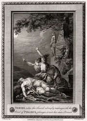 Thisbe nimmt das Schwert, das bereits mit dem Blut von Pyramus trieft, und stürzt es hinein..., 1775