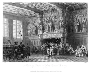 Justizpalast mit fein geschnitztem Kamin, Brügge, 1840