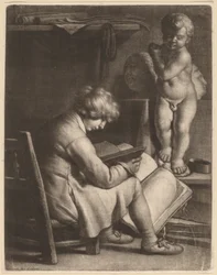 Junger Künstler mit einer Statue von Amor