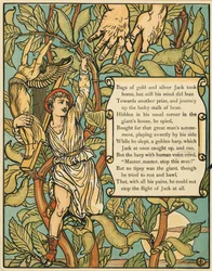 Jack steigt die Bohnenranke hinunter aus Jack und die Bohnenranke, veröffentlicht 1875, Farblithographie, 1875