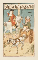 Reimwörter, die mit dem Buchstaben G enden. Eine Illustration zeigt ein Schwein, das ein Pferd reitet, und ein anderes, das einen Wagen fährt. Der Goldene Primer