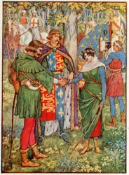 Der König verbindet die Hände von Robin Hood und Maid Marian