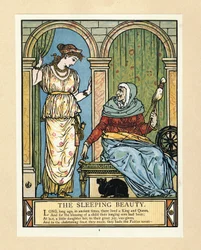 Die Prinzessin lernt spinnen, aus dem Bilderbuch Blaubart, veröffentlicht 1879
