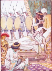 Mit Mühe sah er sie an, als sie vorbeigingen, Illustration aus Die Geschichte Griechenlands, 1930er Jahre