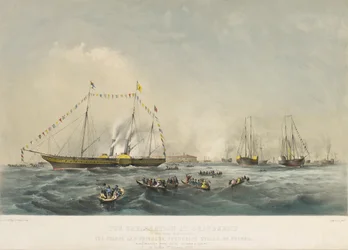 Das Einschiffen von Prinz Friedrich Wilhelm IV. von Preußen (1795-1861) und seiner Frau Elisabeth von Bayern (1801-1873) an Bord des Schiffes Victoria und Albert, in Gravesend, England, am 2. Februar