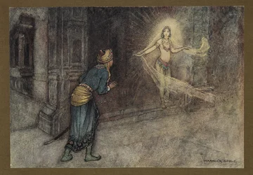 Tafel 13: "Er sah eine schöne Frau aus dem Palast kommen", aus Folk-Tales of Bengal ... Mit 32 Illustrationen in Farbe von Warwick Goble (Edition de luxe) 1914