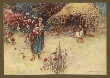 Tafel 17: "Bei Tagesanbruch pflückte er Blumen als Erster", aus Folk-Tales of Bengal ... Mit 32 Illustrationen in Farbe von Warwick Goble. (Edition de luxe)