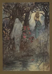 Tafel 18: "Die Frau des Brahmanen musste zum Teich gehen, und als sie ging, wurde sie von einer Sankchinni gestreift" aus 