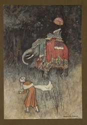 Tafel 8: "Plötzlich kreuzte ein prächtig geschmückter Elefant seinen Weg", aus Folk-Tales of Bengal ... Mit 32 Illustrationen in Farbe von Warwick Goble (Edition de luxe)
