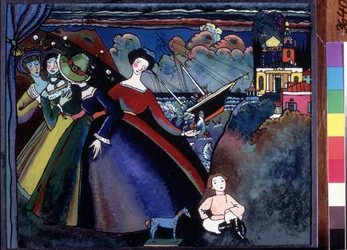 "Le navire" Jeunes femmes à quai, au loin un bateau semble faire naufrage. Gemälde von Vassily Kandinsky (oder Wassily Kandinski oder Kandinskij)