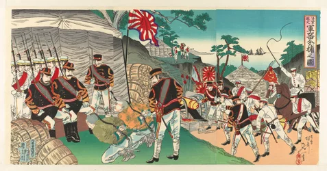 Japanische Truppen erobern Waffen, die vom fliehenden Feind zurückgelassen wurden