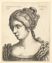 Büste einer Frau, die nach links unten schaut, mit aufwendig dekoriertem Haar, 1648