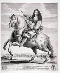 Reiterporträt von Karl II. (1630-85) mit einer Landschaft, veröffentlicht ca. 1670