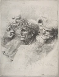 Fünf groteske Köpfe, darunter ein älterer Mann mit einem Eichenlaubkranz, 1646