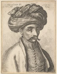 Kopf und Schultern eines Türken mit Schnurrbart und großem Turban