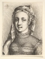 Kopf und Schultern einer Frau mit Schleier und durchscheinendem Halsschmuck, 1645