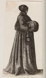 Schwarz gekleidete Frau mit Maske, Haube und Muff