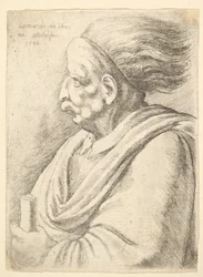 Mann mit karikierten Gesichtszügen und nach hinten fliegendem Haar, halb links, 1648