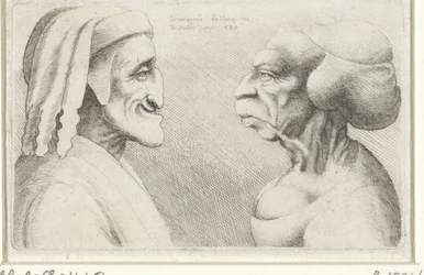 Missgestaltete Karikaturköpfe eines Mannes mit Mütze (Dante?) und einer Frau
