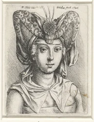 Porträt einer Frau mit V-förmigem Bourrelet auf dem Kopf