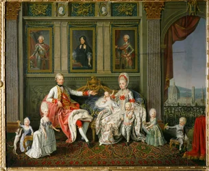 Piero Leopoldo, Großherzog der Toskana, später Kaiser Leopold II., seine Frau Maria Ludovica, Infantin von Spanien, und sechs ihrer 16 Kinder