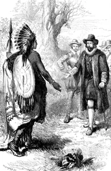Empfang eines Narragansett-Kriegers durch John Winthrop, Massachusetts, um 1630er Jahre, um 1880