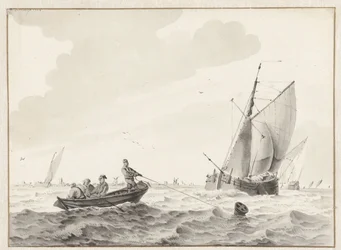 Wellenwasser mit einem Ruderboot bei einer Boje
