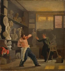 Ein Bildhauer in seinem Atelier arbeitet nach dem Leben. Der Medailleur Christen Christensen.